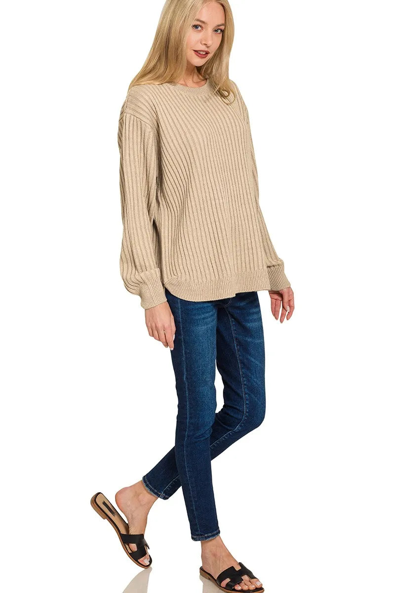 Zenana Curved Hem Two-Tone Ribbed Sweater