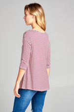 STRIPE JERSEY LACE UP NECK CASUAL TOP