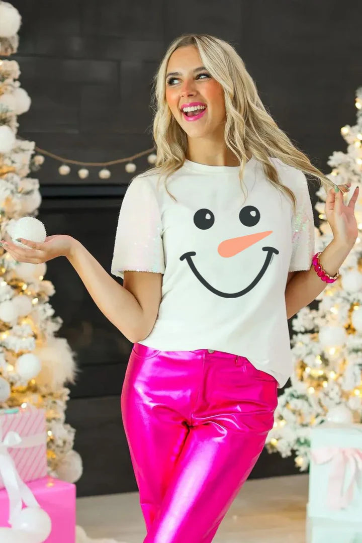 Snowman Sequin Sleeve Blouse