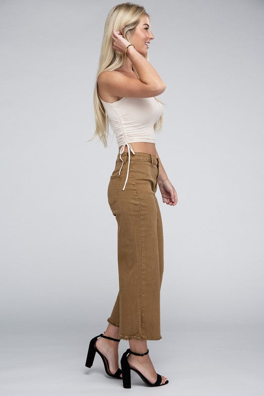 Acid Washed High Waist Frayed Hem Straight Pants