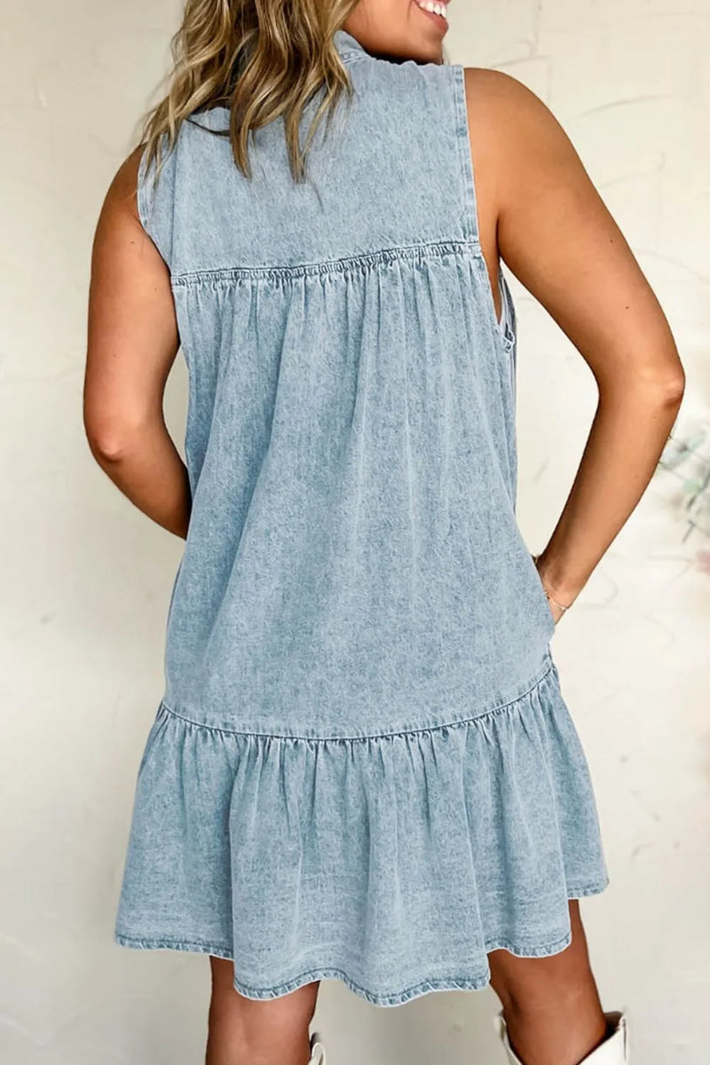 Tie Neck Sleeveless Denim Dress