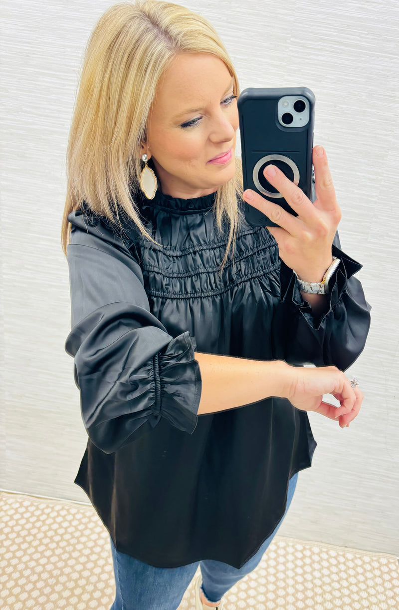 Black Frilled Satin Blouse