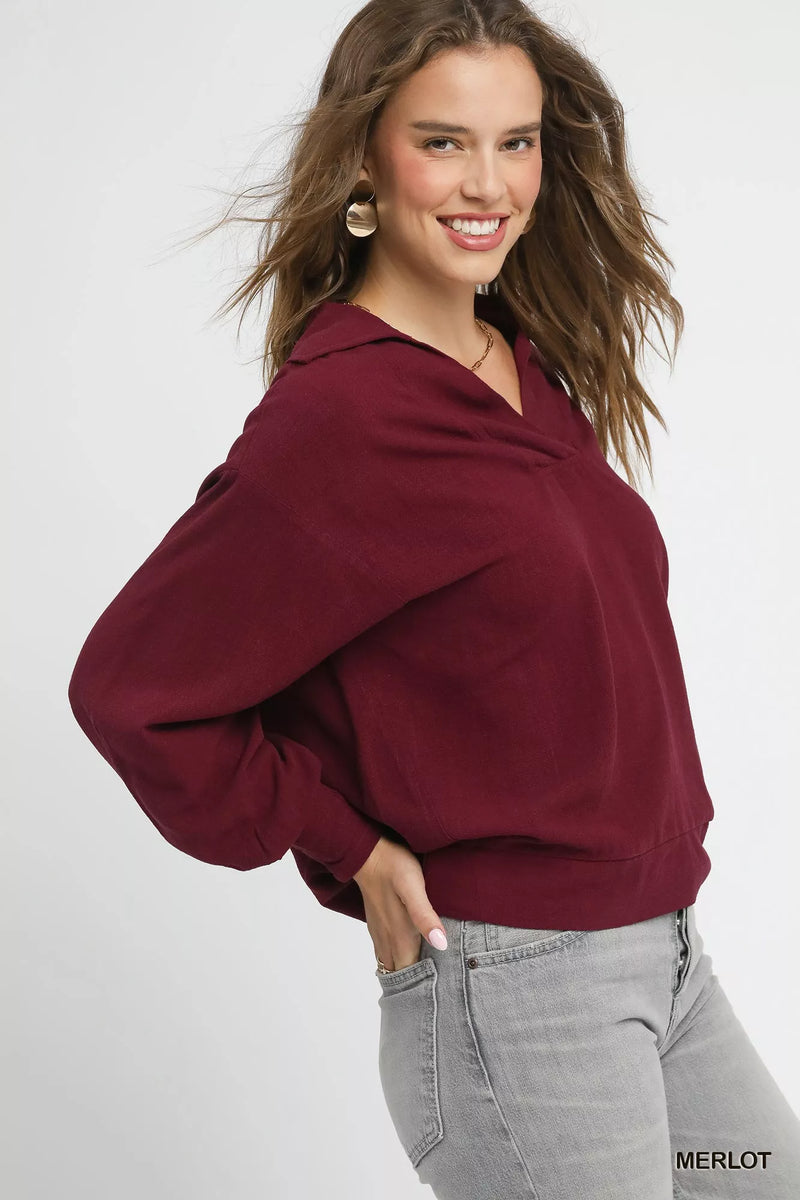 Umgee Linen Long Sleeves Elastic Hem Blouse