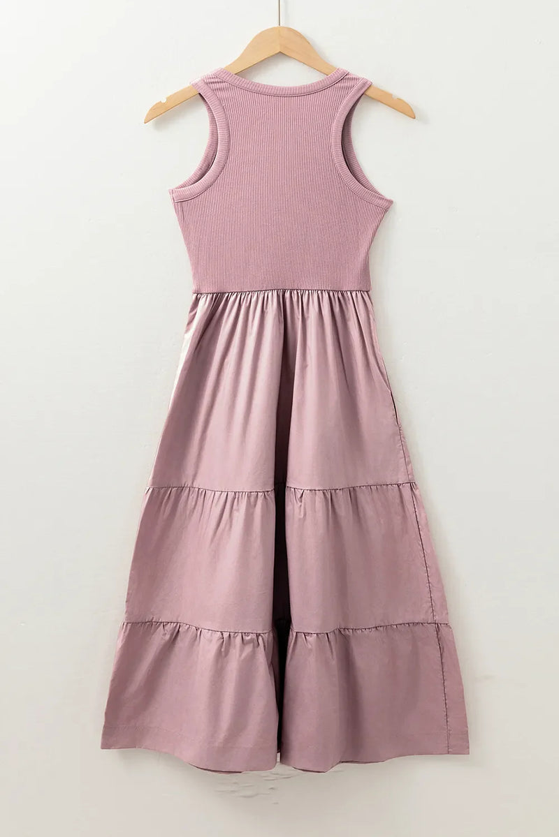 Ribbed Vest Patchwork Tiered Midi Dress with Pockets  ShopCottonBelles