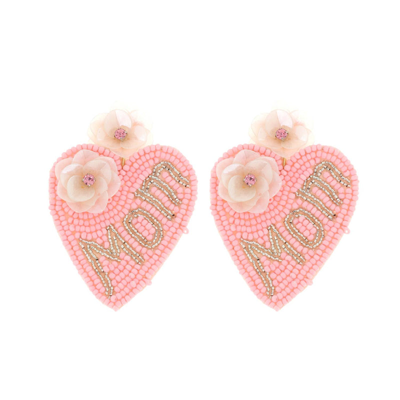 Beaded "Mom" Floral Heart Drop Earrings: Pink