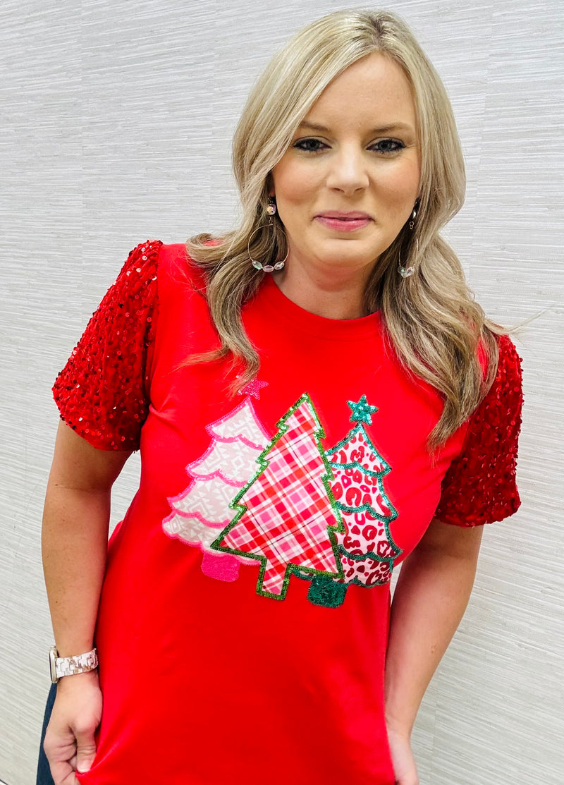 Red Pink Sequin Trees Blouse