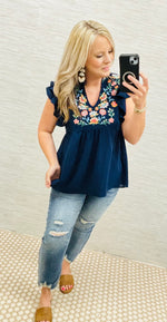 Navy Lila Floral Embroidery Blouse