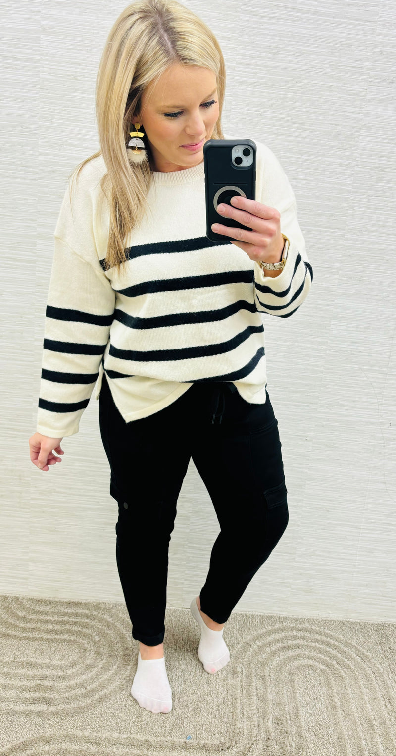 Off White Striped Criss Cross Back Sweater