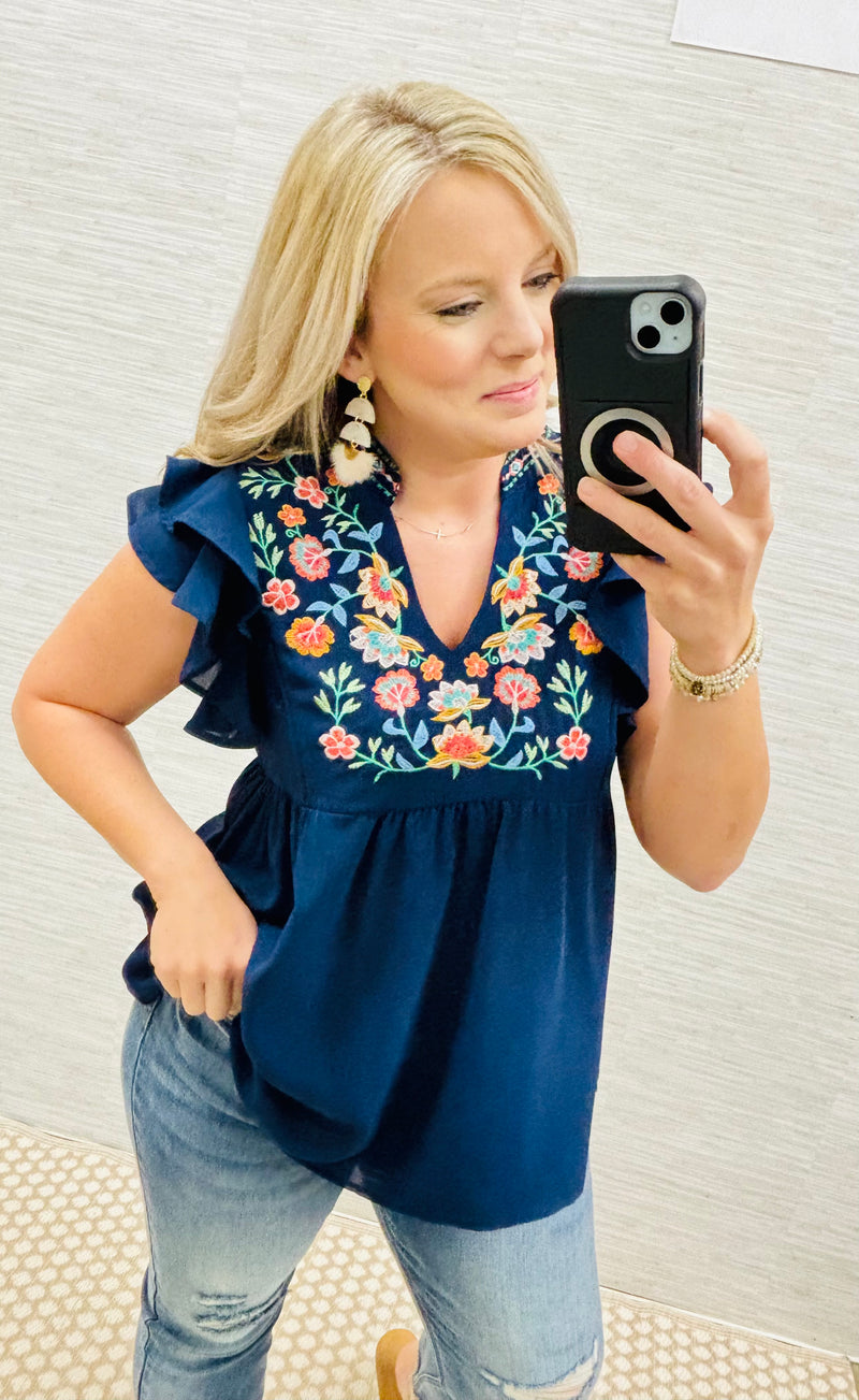 Navy Lila Floral Embroidery Blouse