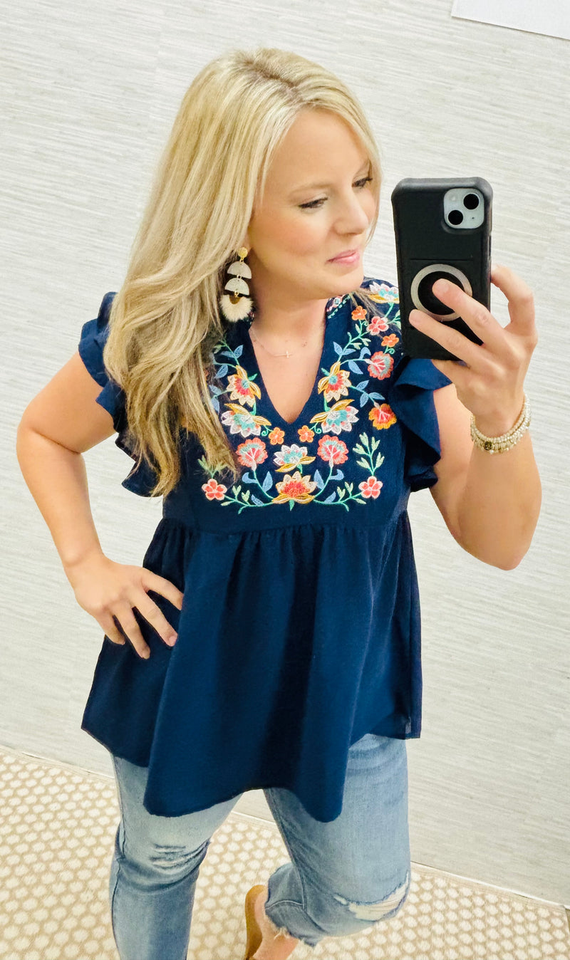 Navy Lila Floral Embroidery Blouse