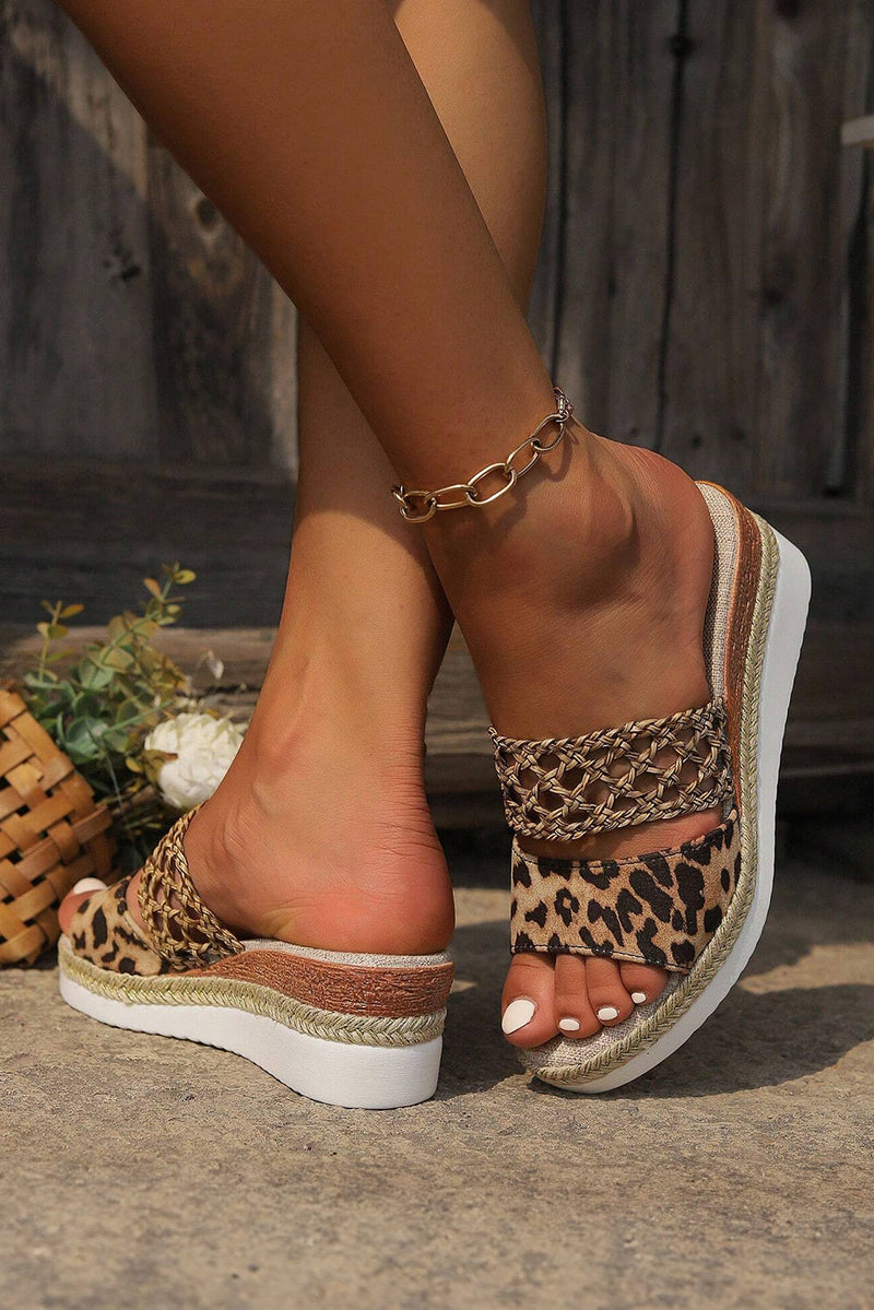 Floral Print Braided Details Wedge Slippers