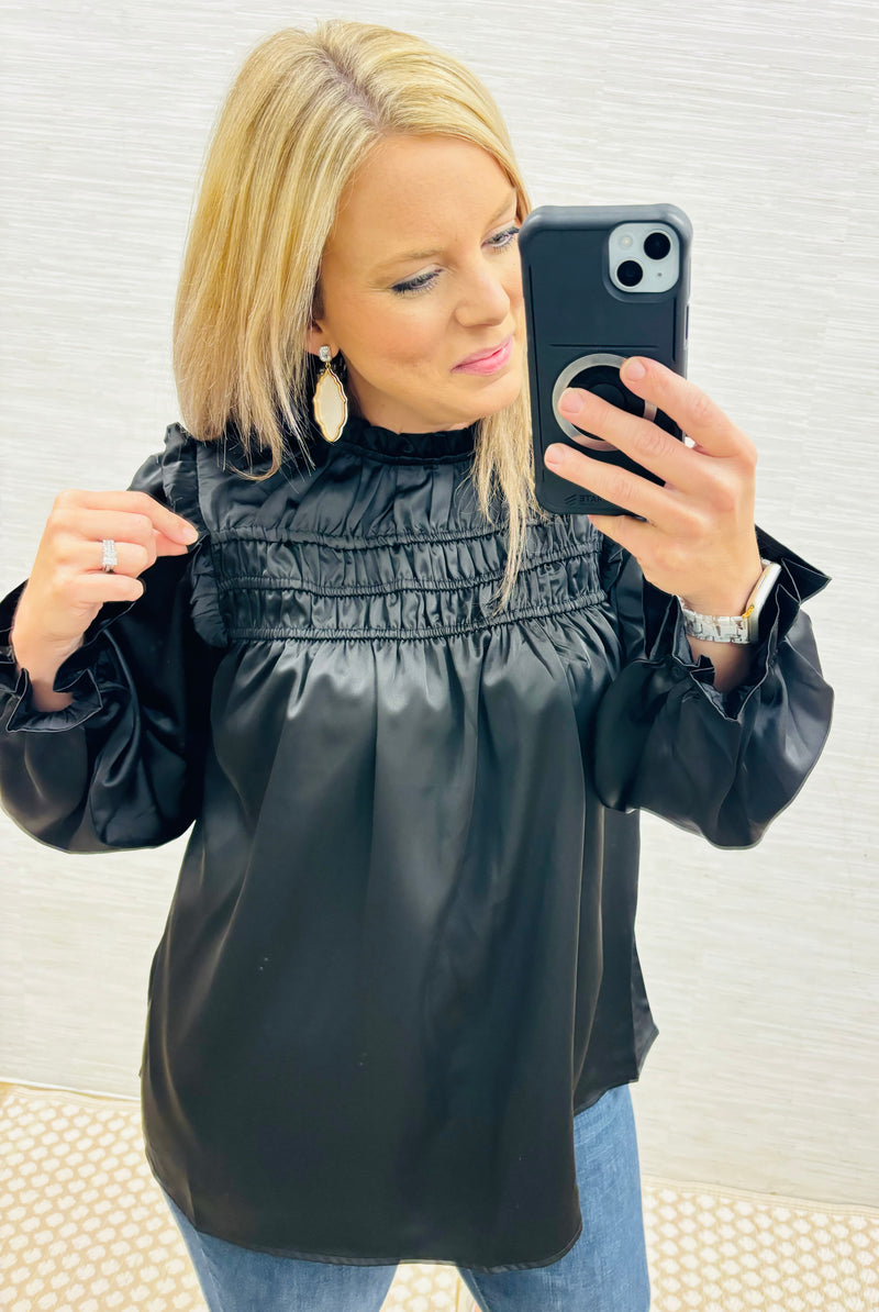 Black Frilled Satin Blouse