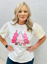 White Pink Sequin Trees Blouse