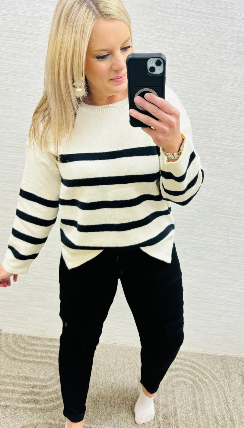 Off White Striped Criss Cross Back Sweater