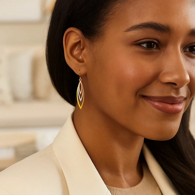 Tri-Tone Graduated Open Marquise Earrings in 10k Yellow,  White,  and Rose Gold