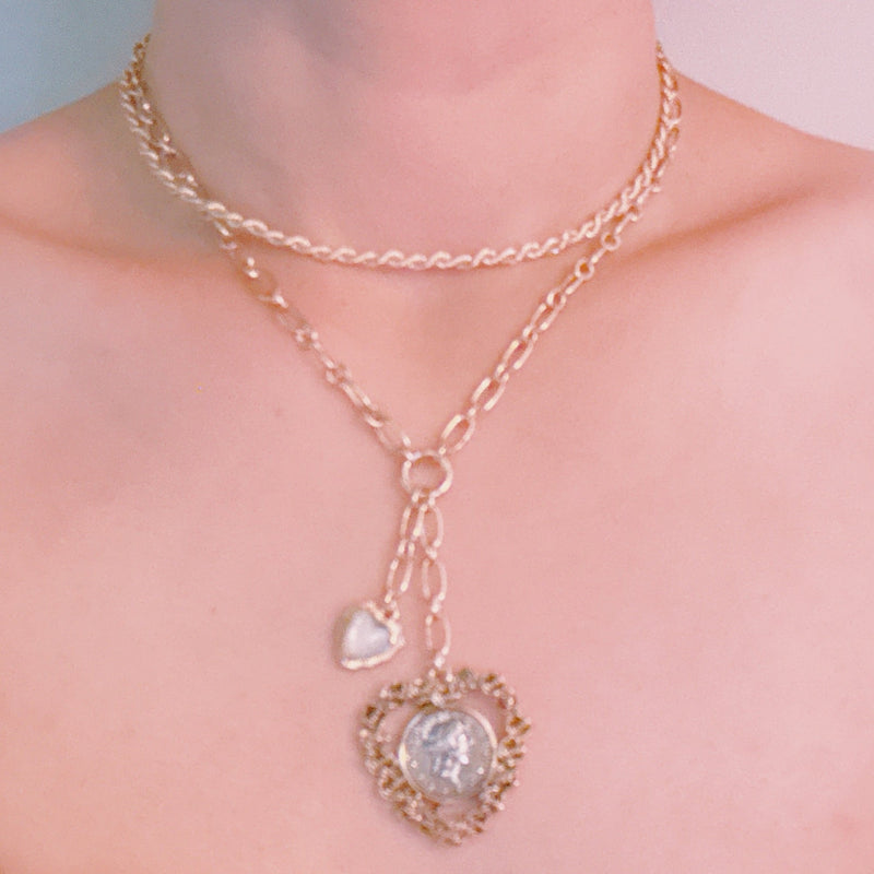 Double Chain Heart Pendant Necklace – Layered Gold Links with Vintage-Style Charm