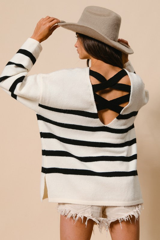 Off White Striped Criss Cross Back Sweater