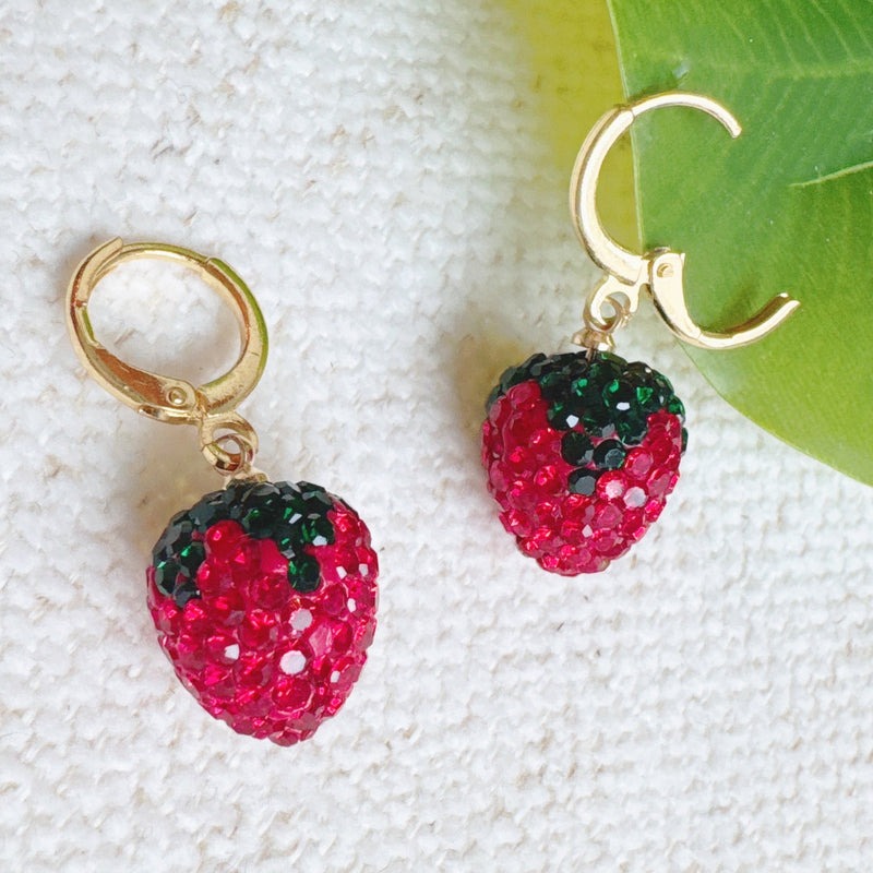 Fresh Cut Strawberry Dangle Huggie Earrings
