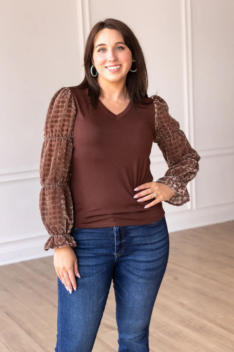 Brown Burnout Sleeve Blouse