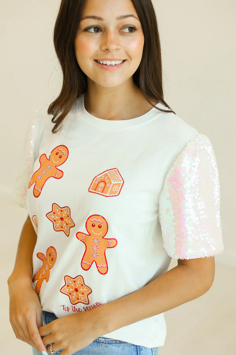 Gingerbread on white shimmer sleeve top