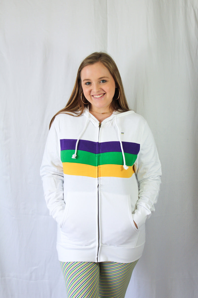 White Chest Stripe Adult Zip Up Hoodie