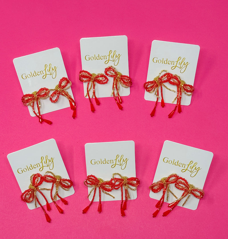 Mini Bow Earrings - Red and Gold