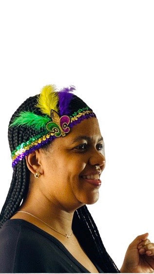 Sequin Headband with Purple Green and Gold Fleur de Lis and Feathers