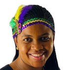 Sequin Headband with Purple Green and Gold Fleur de Lis and Feathers