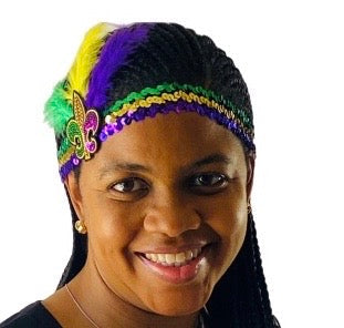 Sequin Headband with Purple Green and Gold Fleur de Lis and Feathers