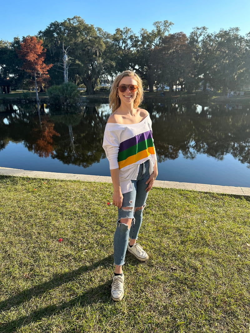White Chest Stripe Off the Shoulder Jersey Top