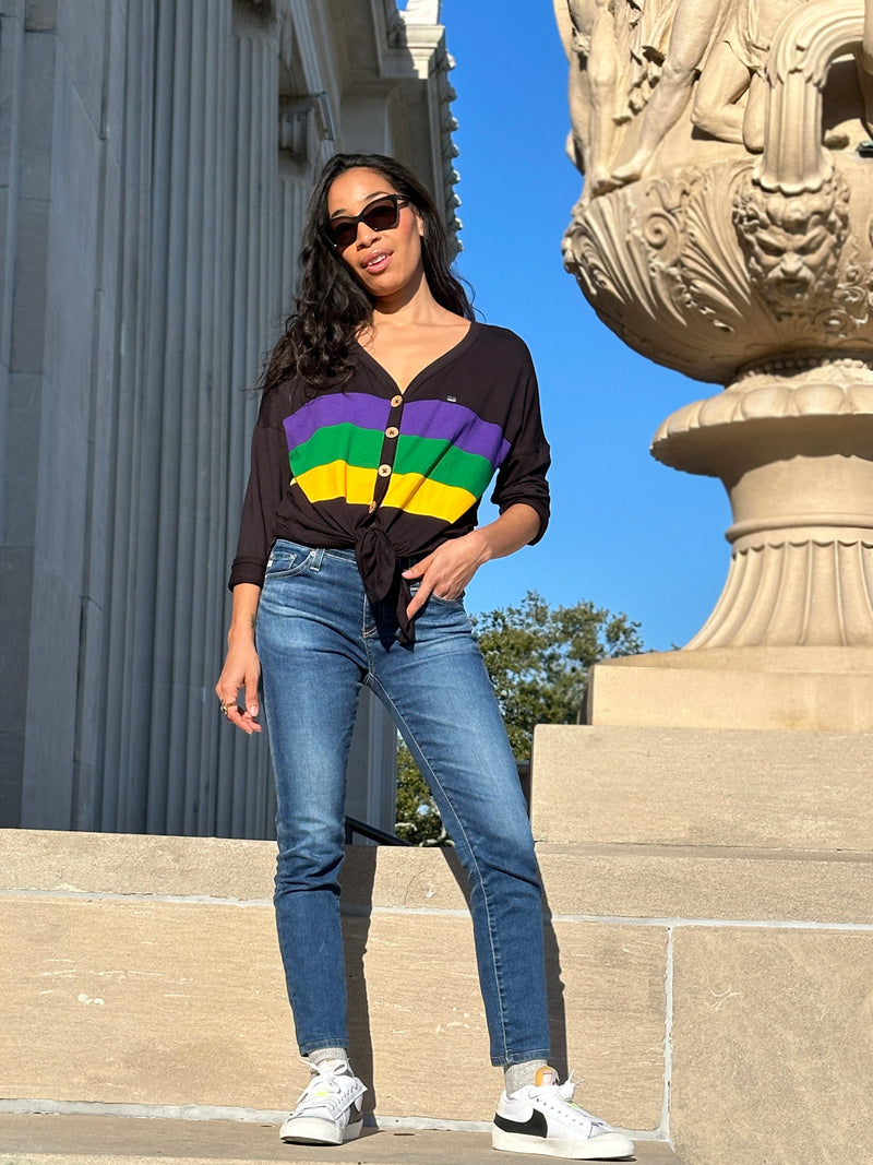 Black Chest Stripe Button Down Tie Top