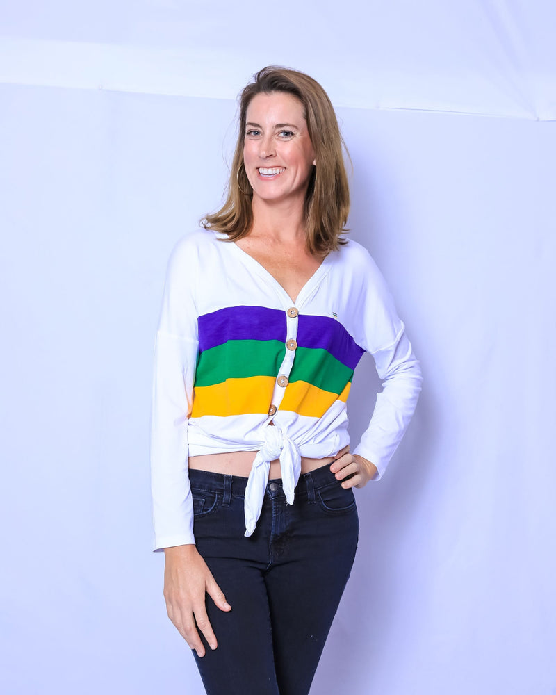 White Chest Stripe Button Down Tie Top