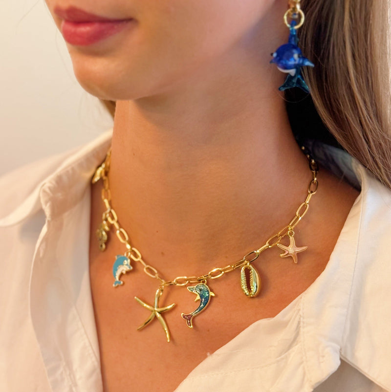 Ocean Play Charm Necklace – Dolphin, Starfish & Shell