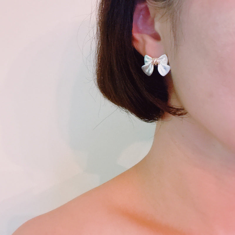 Silver Bow Stud Earrings – Satin-Inspired Bows with Gold Center Accent