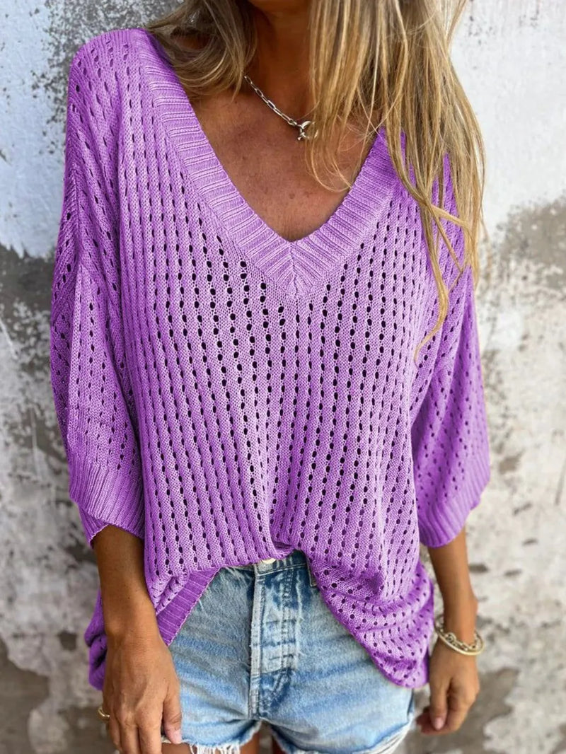 Full Size Openwork V-Neck Knit Cover Up Plus Size