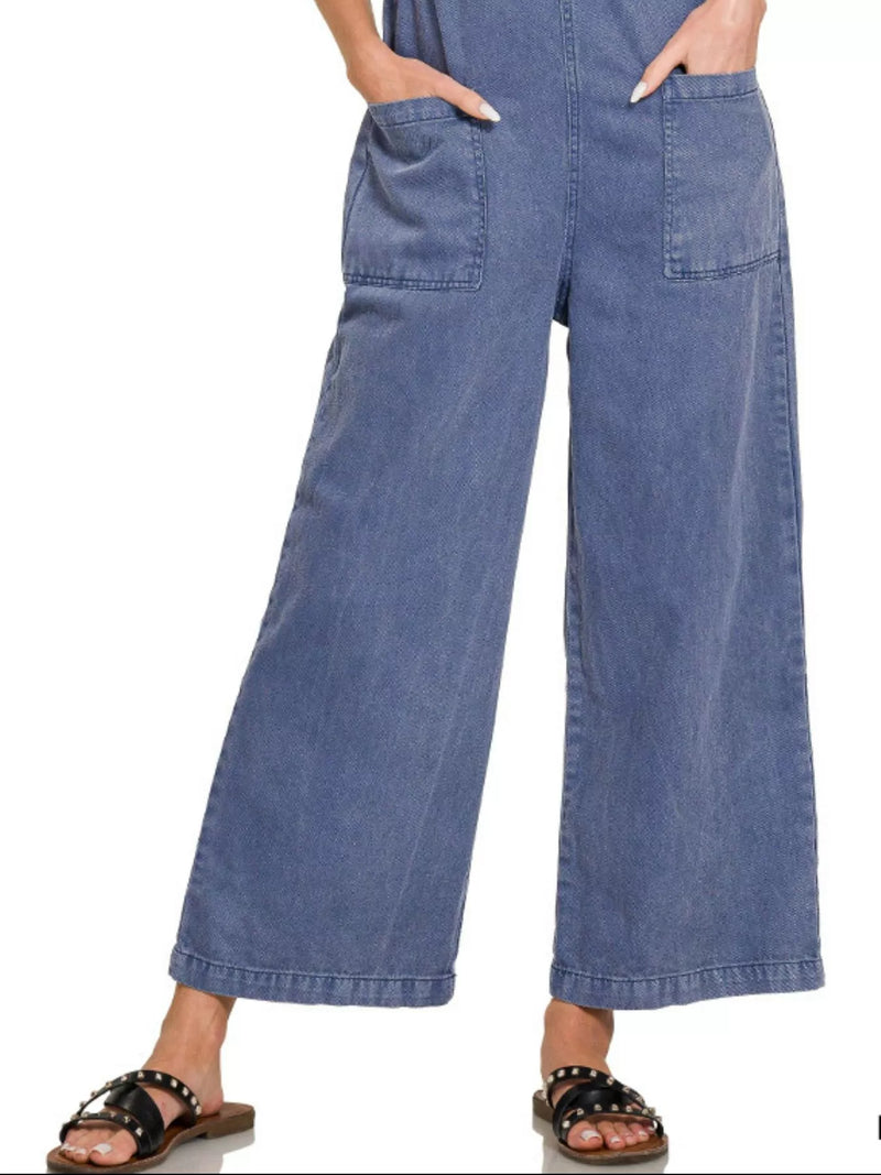 Zenana Washed Knot Strap Pockets Jumpsuit