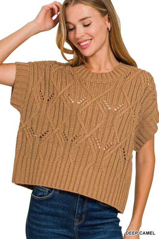 Zenana Cable Knit Short Sleeve Sweater