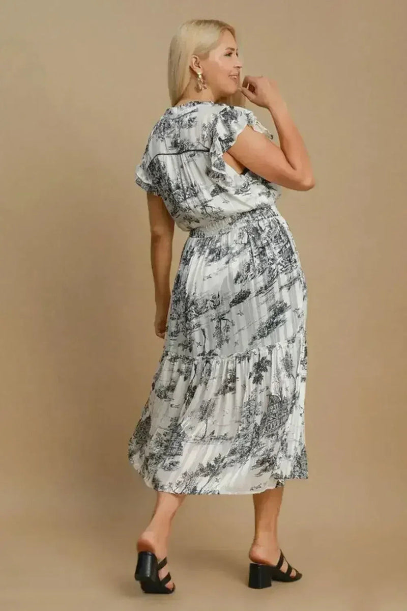 Umgee Full Size Two Tone Landscape Print Midi Dress Plus Size