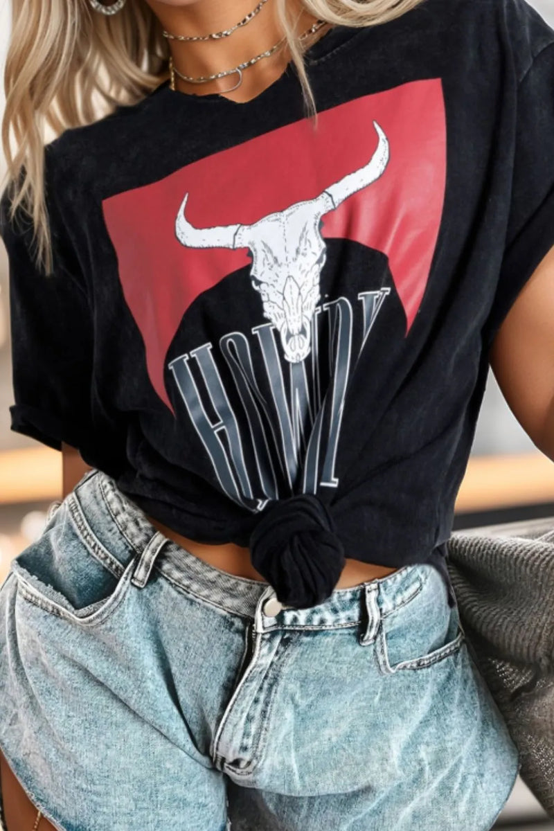 Western HOWDY Steer Head Print Side Slits Loose Fit T Shirt