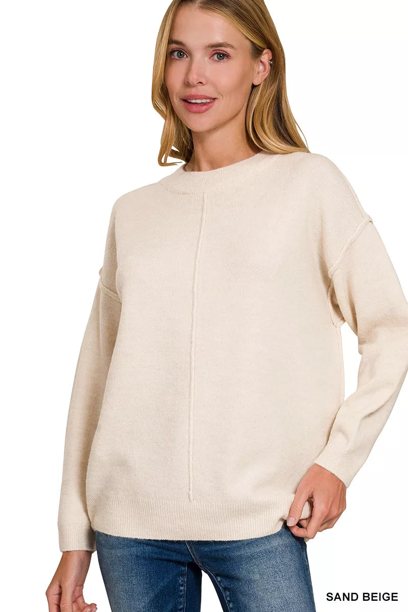 Zenana Melange Front Seam Round-Neck Sweater