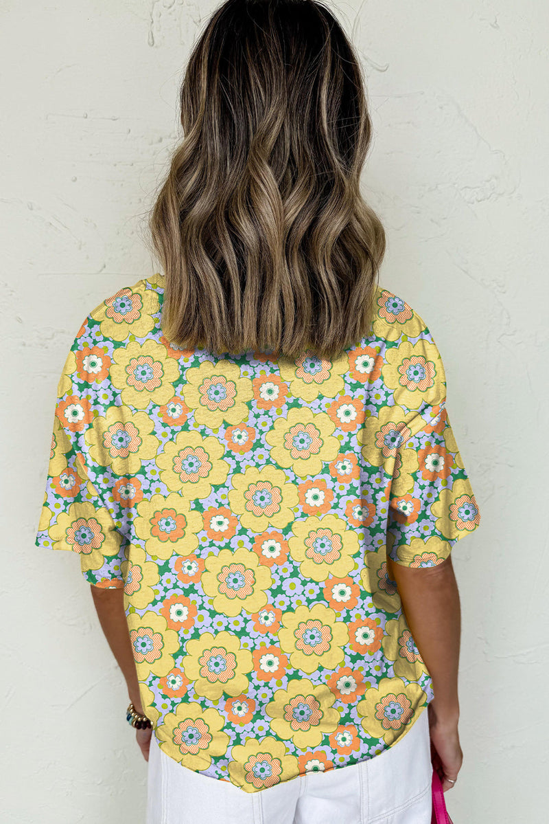 Yellow Summer Flower Print Drop Shoulder Loose T Shirt