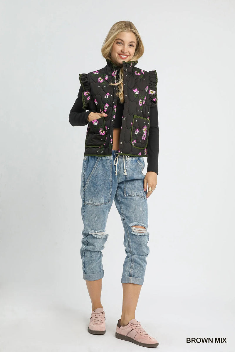 Umgee Ruffled Quilted Floral Snap Down Vest