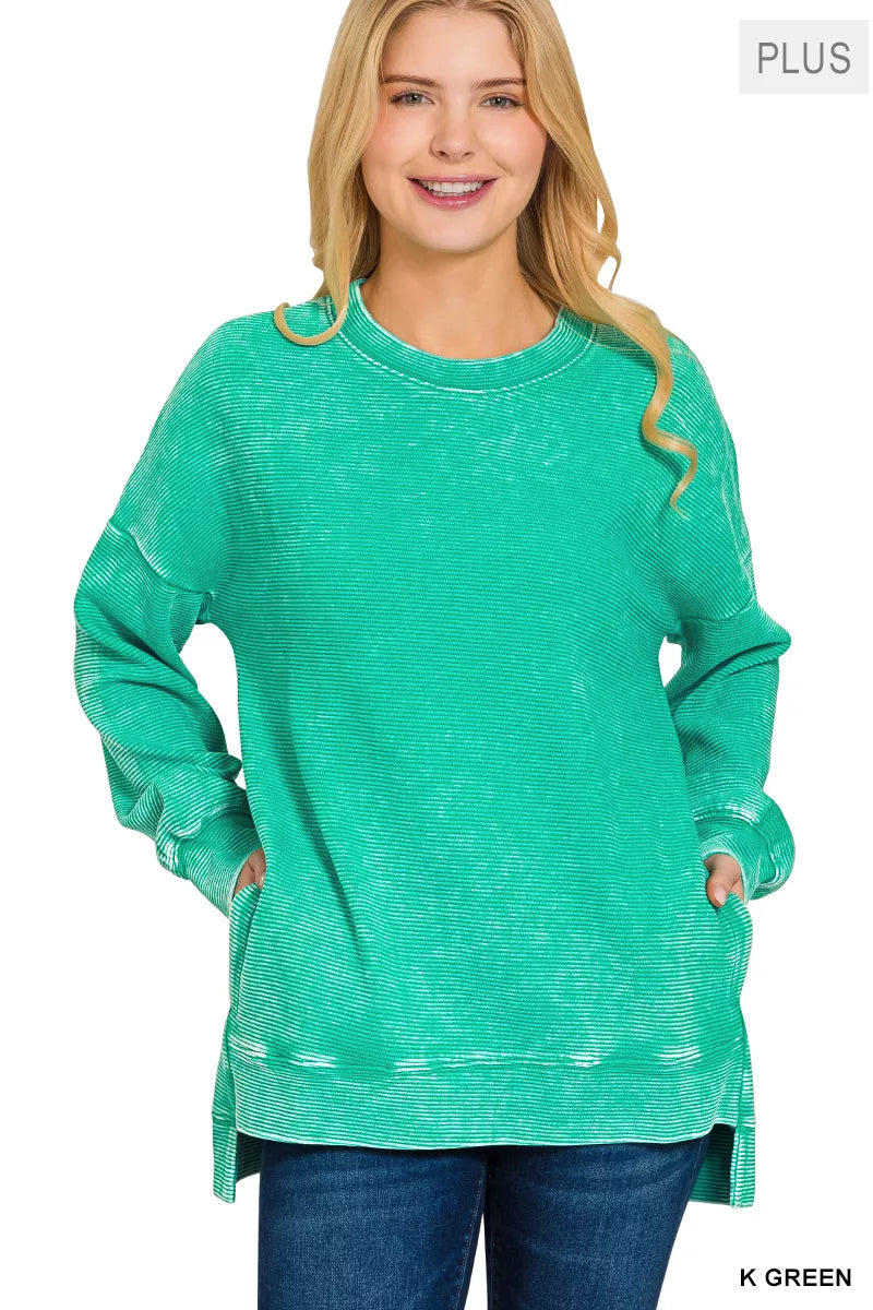Zenana Full Size Acid Washed Double Ribbed Hi-low Sweatshirt Plus Size
