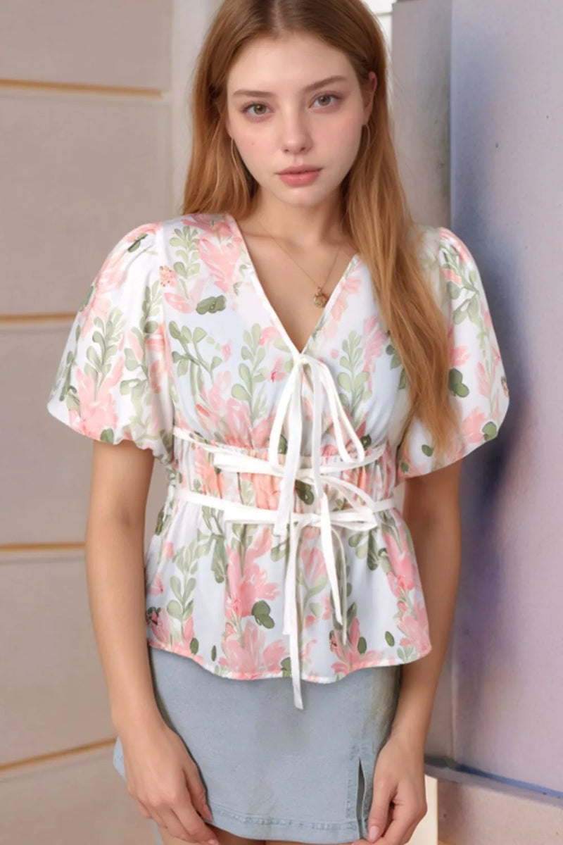 Tied Printed Short Sleeve Blouse