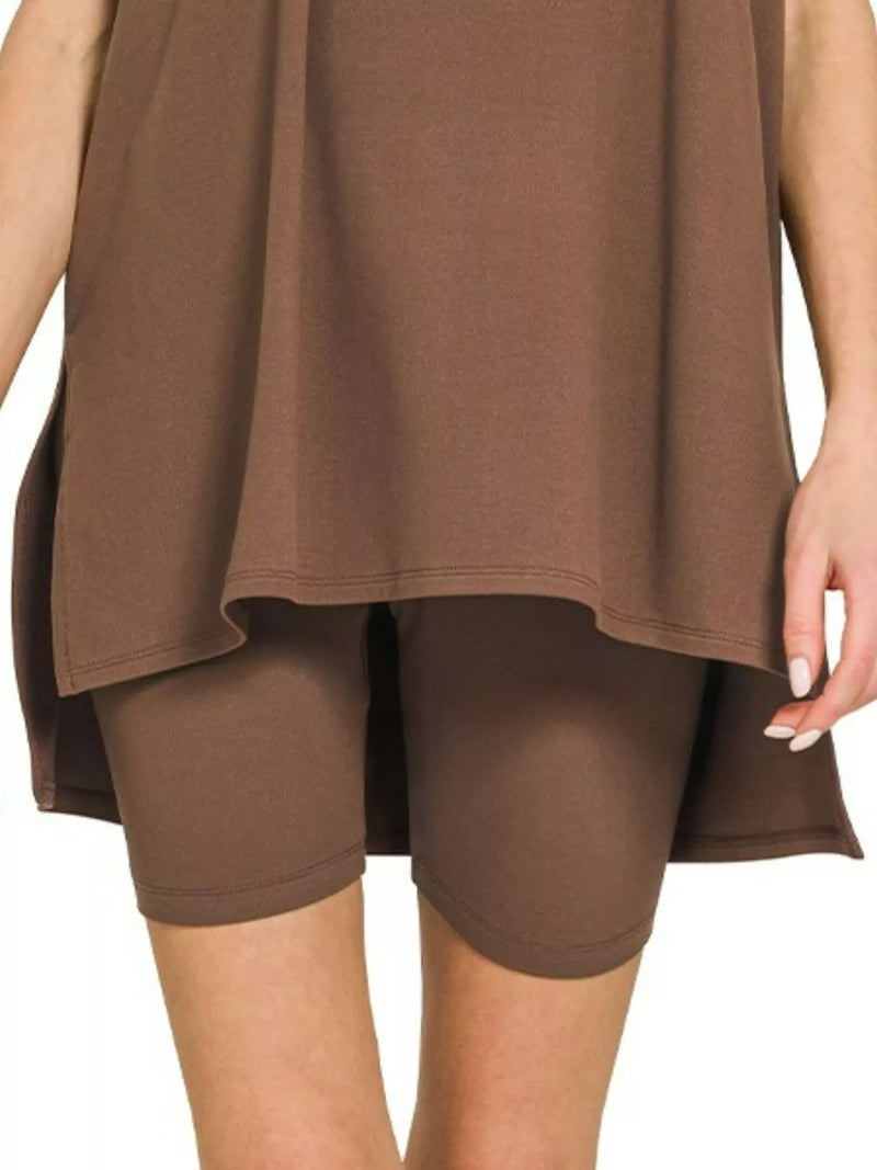 Zenana Full Size Brushed Dty Microfiber Round Neck Top and Biker Shorts Set Plus Size