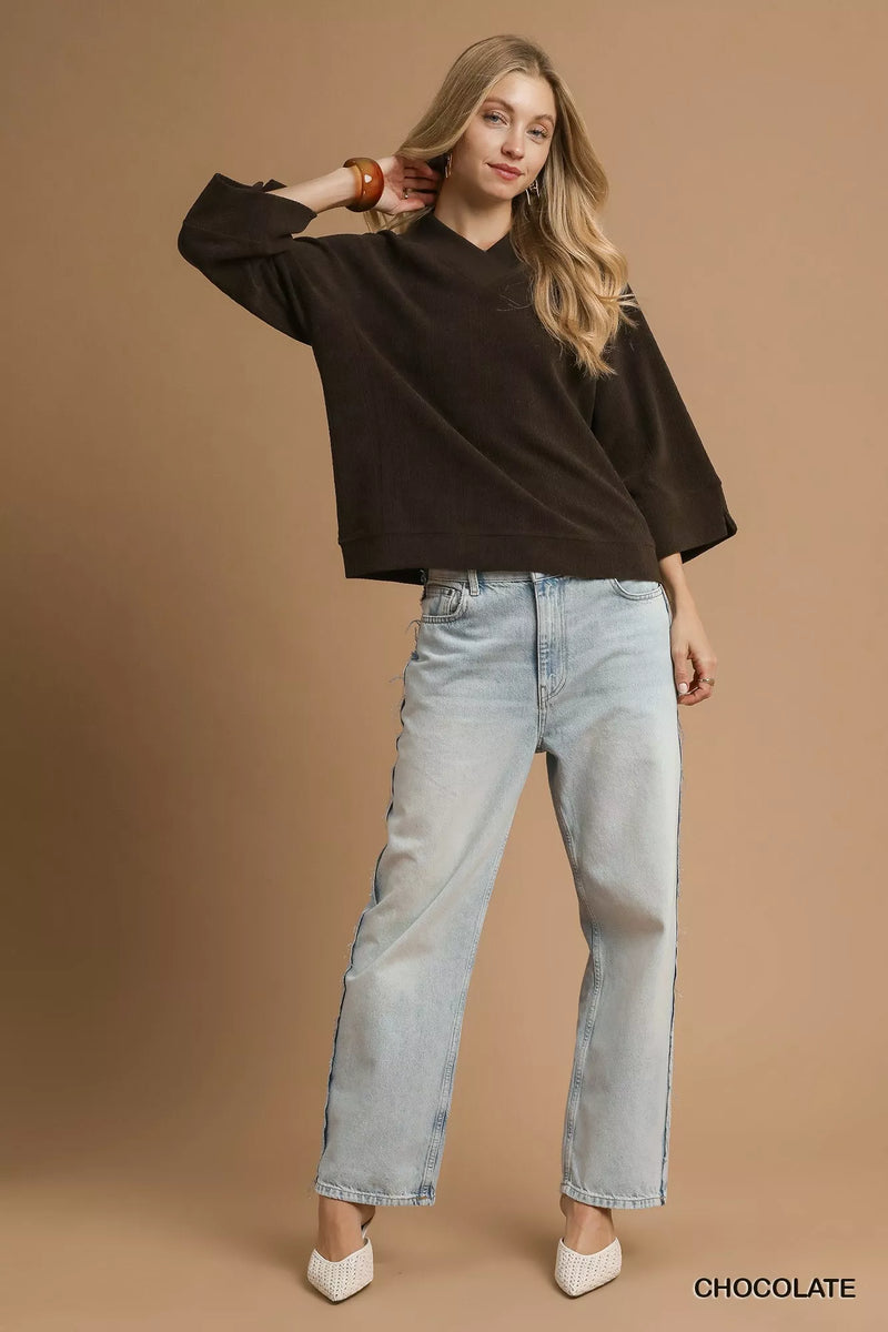 Umgee Textured Knit V-Neck Top