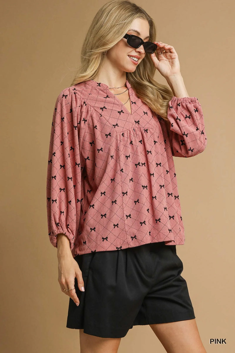 Umgee Corduroy Bow Print Balloon Sleeve Blouse