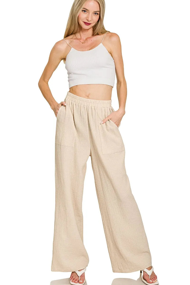 Zenana Double Gauze Elastic Band Pants