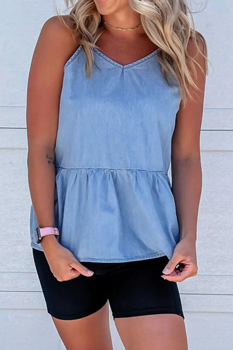 Ruffled Spaghetti Straps Denim Tank Top