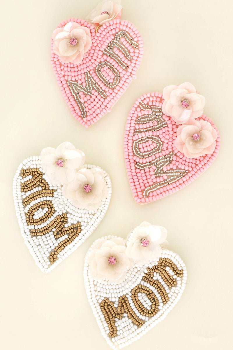 Beaded "Mom" Floral Heart Drop Earrings: Pink